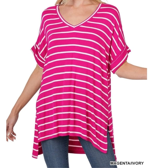 New Zenana V-neck Striped Top - Picture 1 of 1